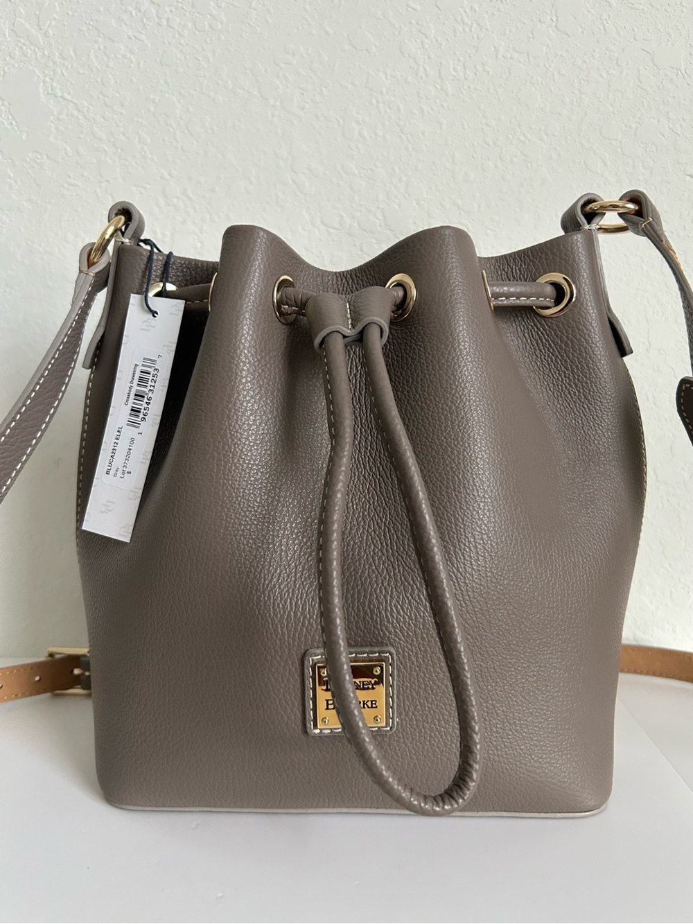 Dooney & Bourke Grey Pebbled Leather Drawstring Bucket Shoulder Bag